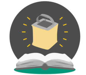 Illustration of solar lamp providing light for reading